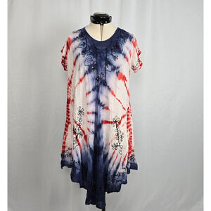 Exist Beach Tie Dye Cover Up Dress Women's OS Blue Red White Embellishments NWT